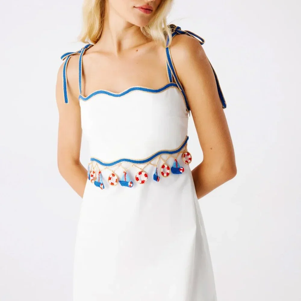 My Beachy Side Muse WHITE NAUTICAL CROCHET SAIL BOAT MINI DRESS LARGE NWT L - Picture 2 of 11